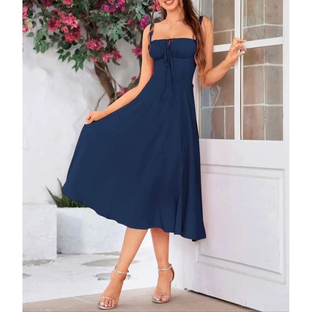 Marthea Milkmaid Lace Up Corset Cobalt Basque Boning Slit Midi Dress Womens M